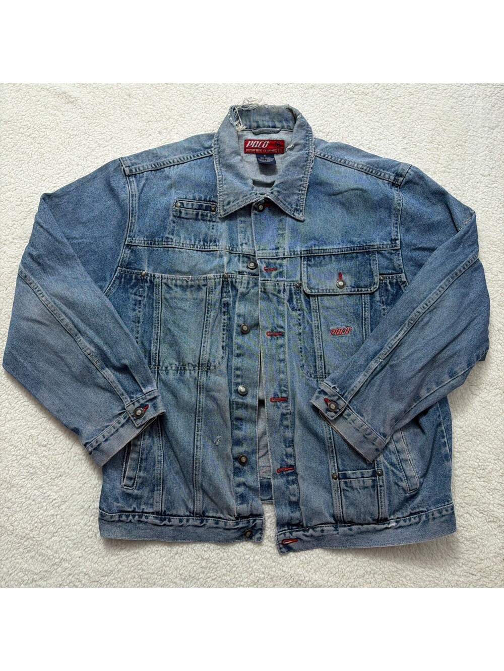 Vintage Paco Jeans Co Denim Trucker Jacket XL Blue Red Stitch Y2K Hip Hop Street